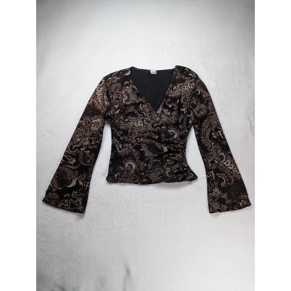 MSK Wrap Front Ruched Top Metallic Paisley Black Gold Long Sleeve L